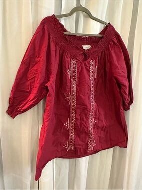 Company One Boho Embroidered Off-Shoulder Top in Deep Red